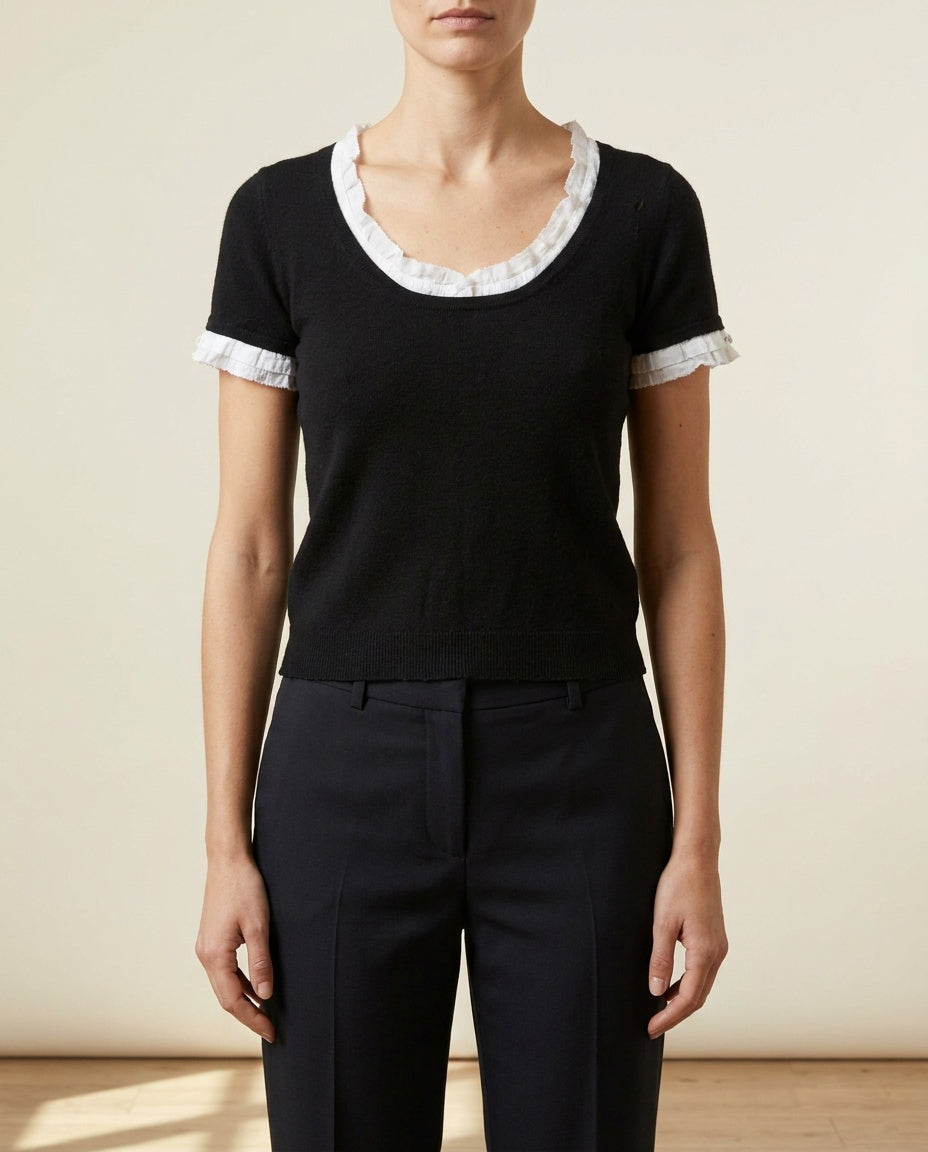 Black Wool-Blend Knit Top with White Contrast Trim - photo 4
