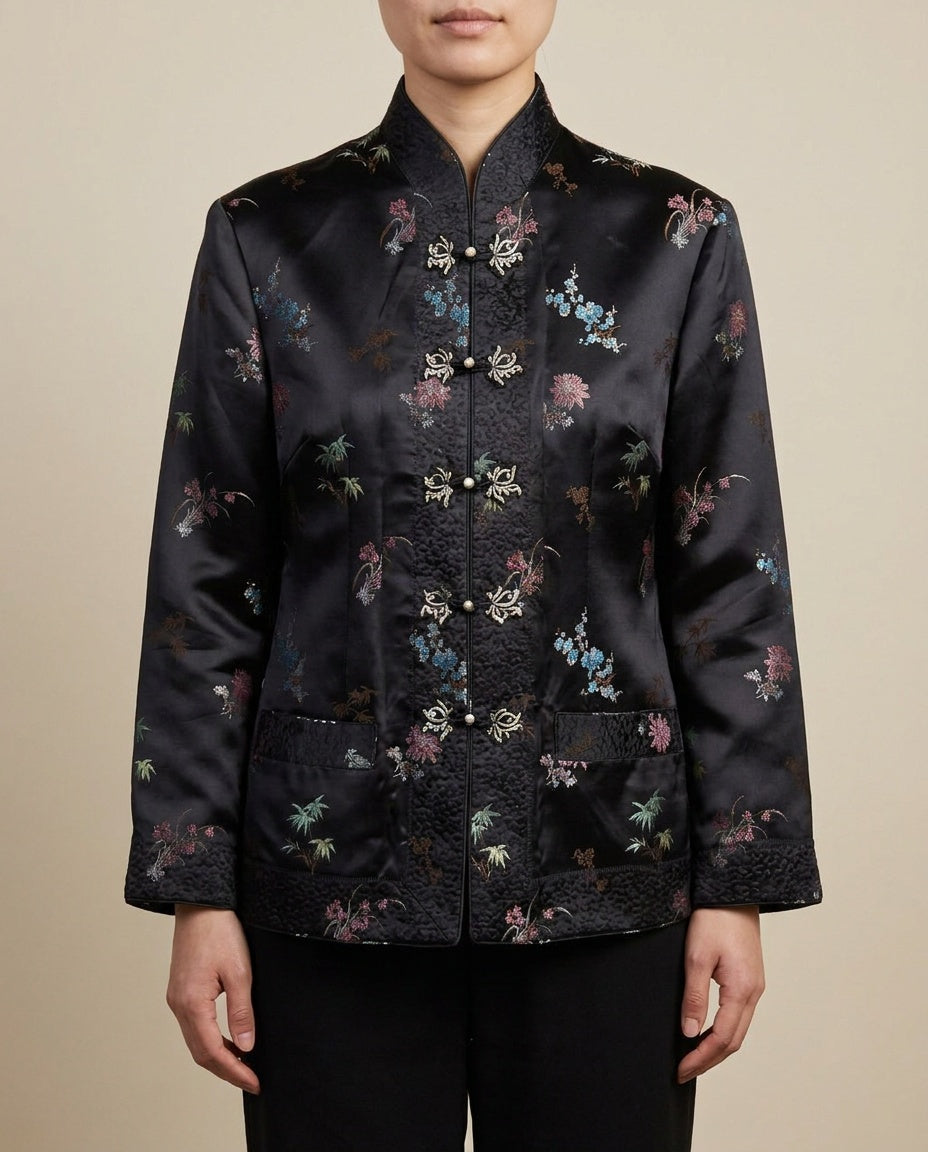 Chinese-Style Satin Jacket with Frog Closures and Floral Print - photo 3