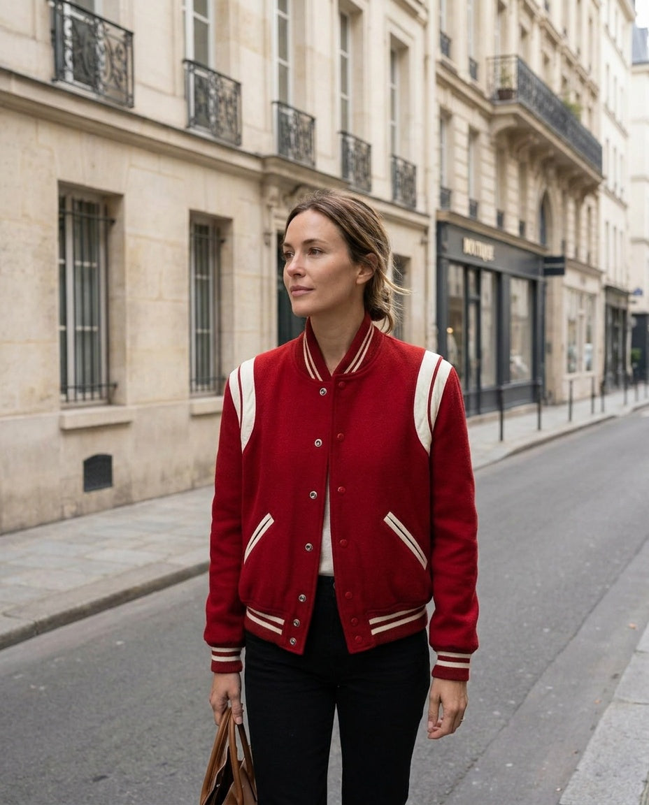 Saint Laurent Red Varsity Bomber Jacket with White/Cream Leather Panels - photo 4