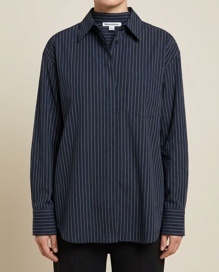 Reformation Navy White Pinstripe Button-Forward Long-Sleeve Shirt XS - photo 4
