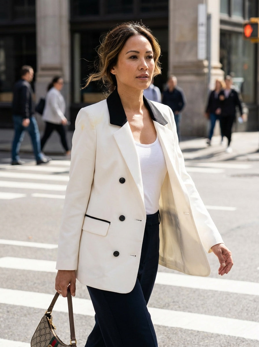 Generation Love Off-White Double-Breasted Tuxedo Blazer with Black/Navy Contrast - photo 4