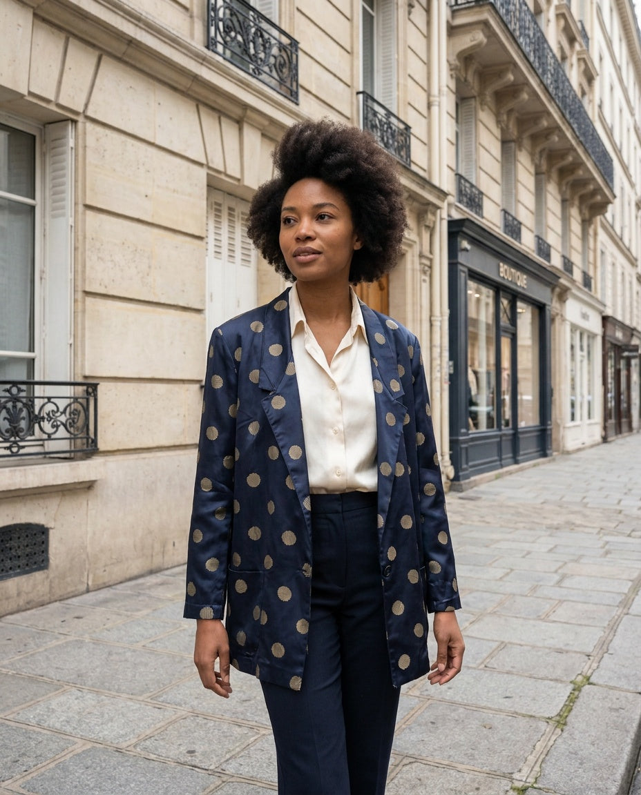 Joanna Navy Blue Satin Blazer with Gold Polka Dot Pattern - photo 4