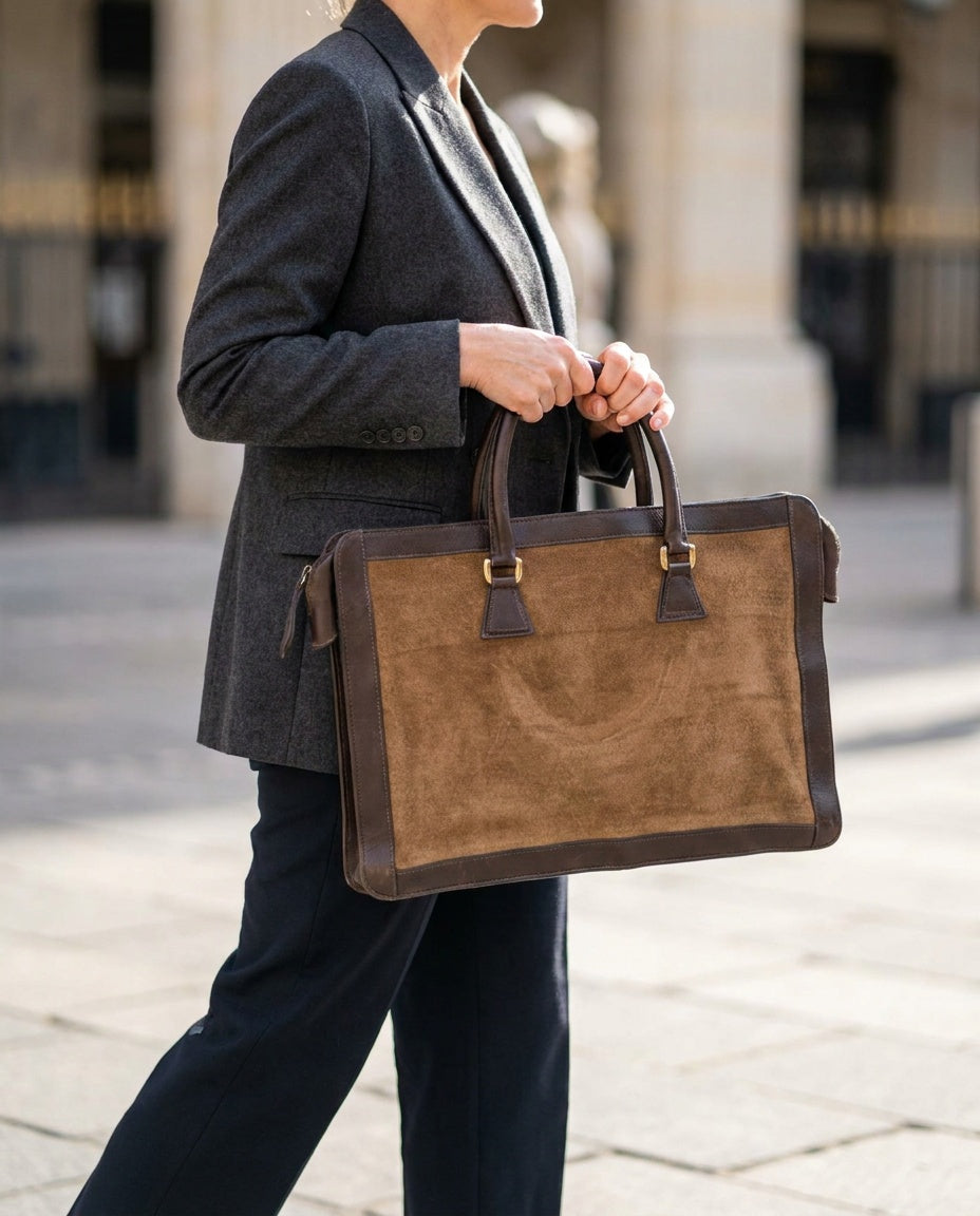 Aldany Structured Tote/Briefcase Bag - Tan/Camel Suede & Dark Brown Leather - photo 4