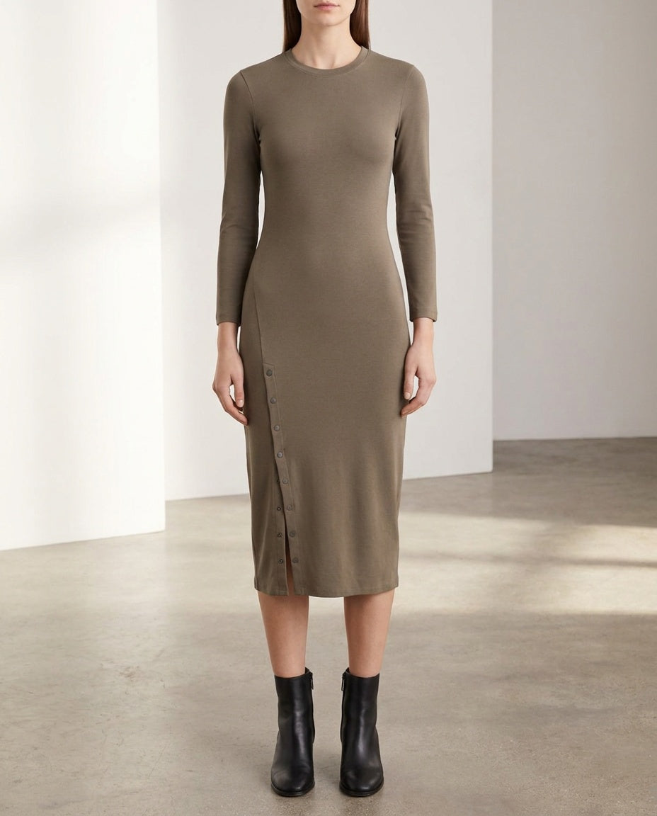 Theory Long-Sleeve Midi Bodycon Dress in Taupe/Olive Brown with Side Snap Closure - photo 4