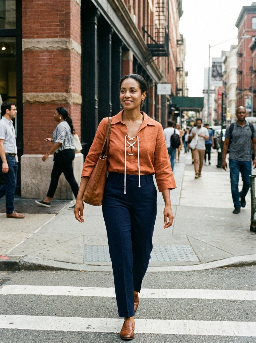 L'AGENCE Rust/Burnt Orange Linen Tunic with Lace-Up Neckline - photo 4