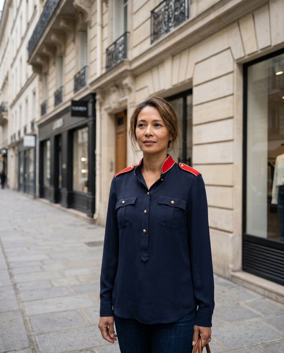 Lauren Ralph Lauren Navy Military-Style Blouse with Red and Gold Epaulets - photo 4