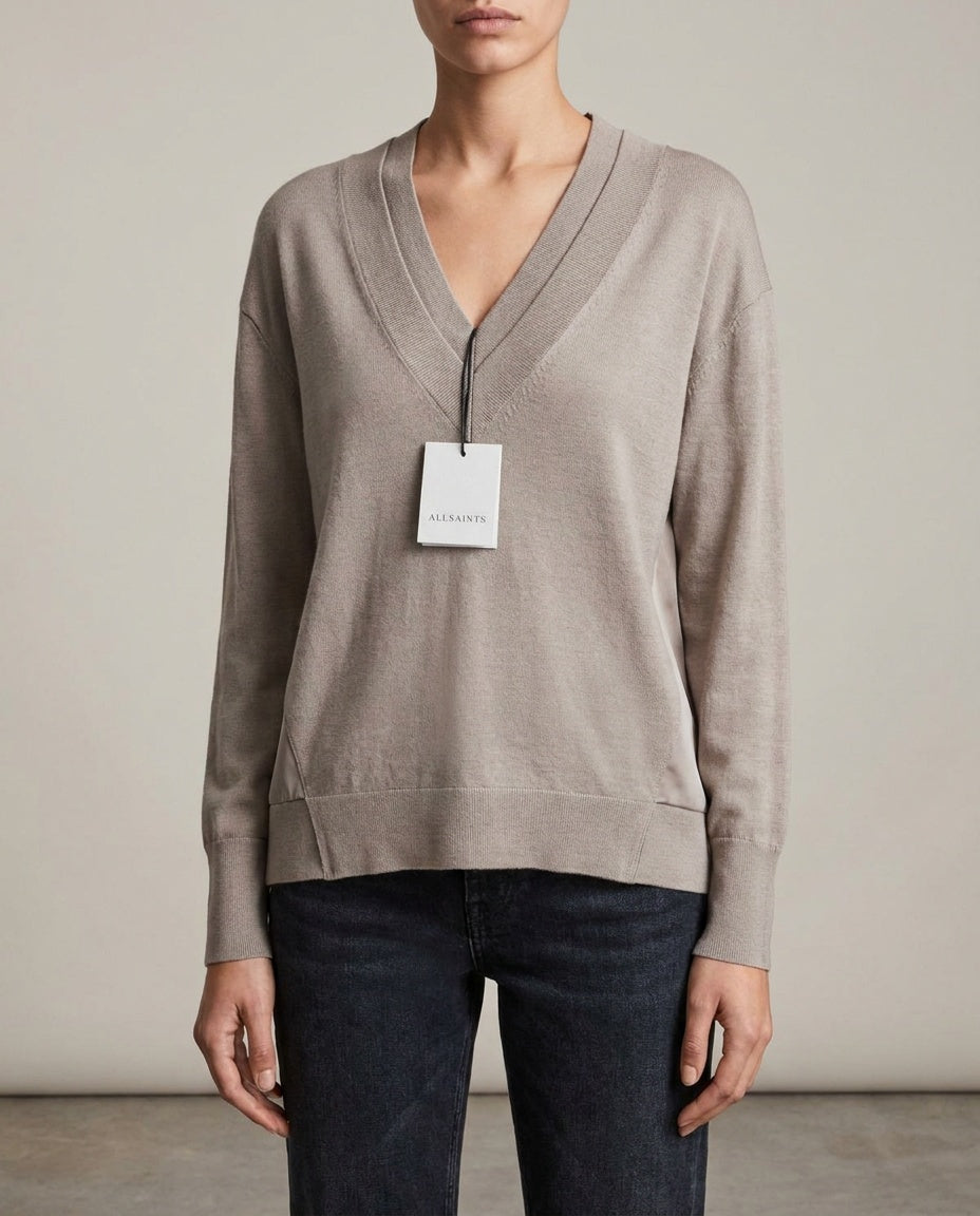 ALLSAINTS Mixed-Media V-Neck Knit Sweater in Taupe/Greige - photo 4