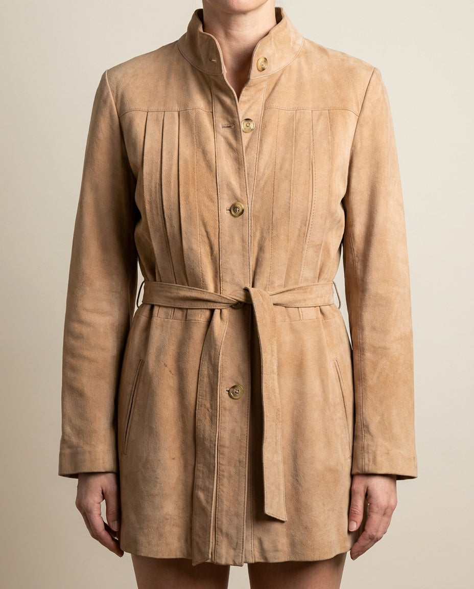 Vakko Suede Belted Jacket with Band Collar and Gold Buttons - photo 4