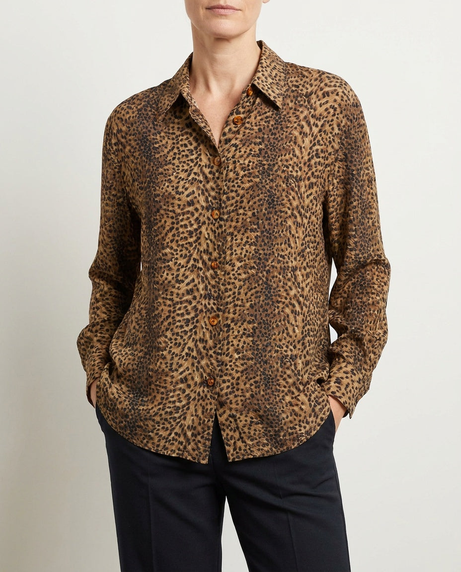 TESS Leopard Print Silk Long-Sleeve Button-Down Blouse - photo 4