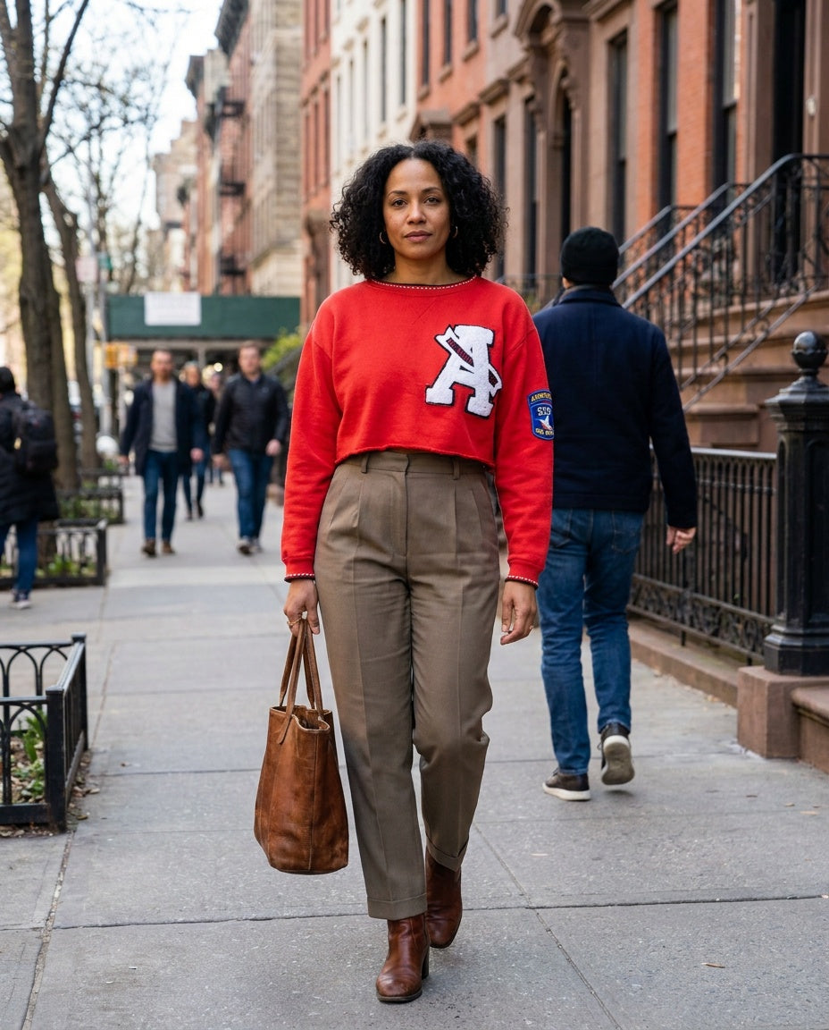 Red Cropped Crewneck Sweatshirt with Military-Style Patches - photo 4