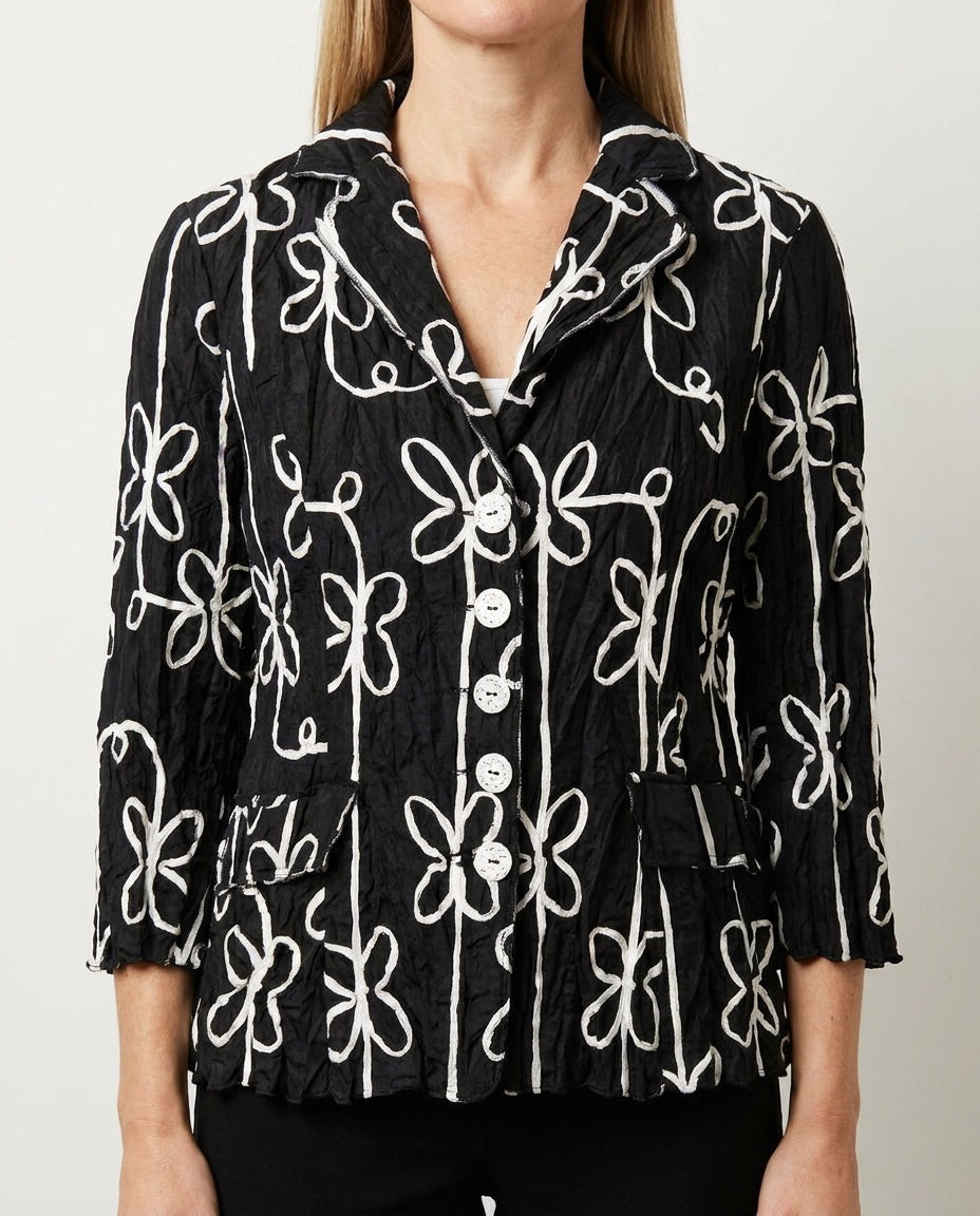 Alberto Makali Black Crinkle Fabric Blazer with White Floral Appliqué - photo 4