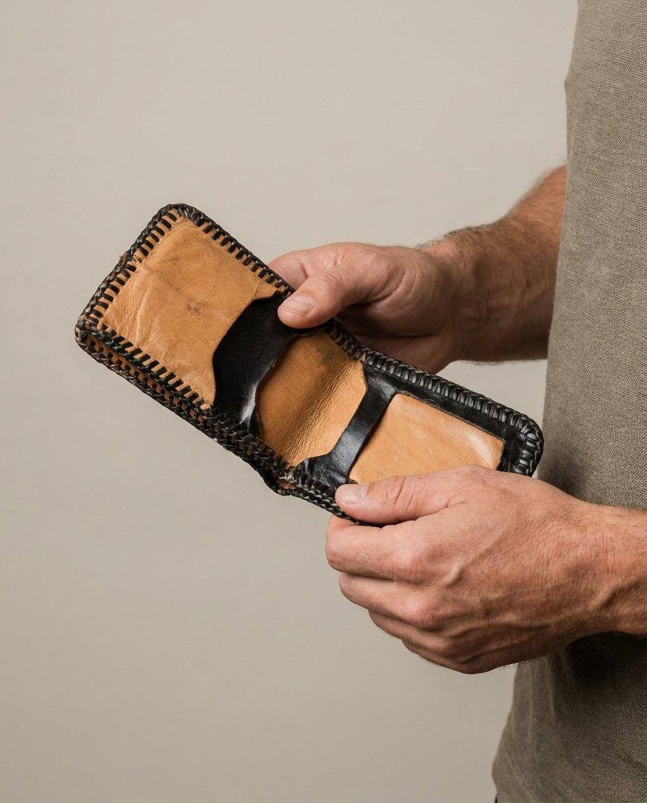 Vintage Hair-on-Hide Bifold Wallet with Black Leather Frame and Tan Interior Panels - photo 3