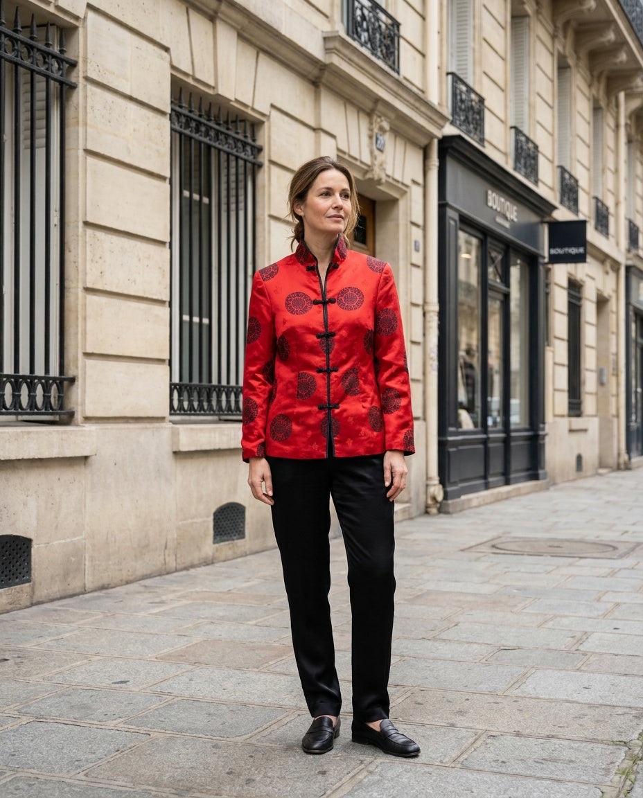 Jeccy Uniform Red Mandarin Collar Jacket with Black Medallion Motifs - photo 4