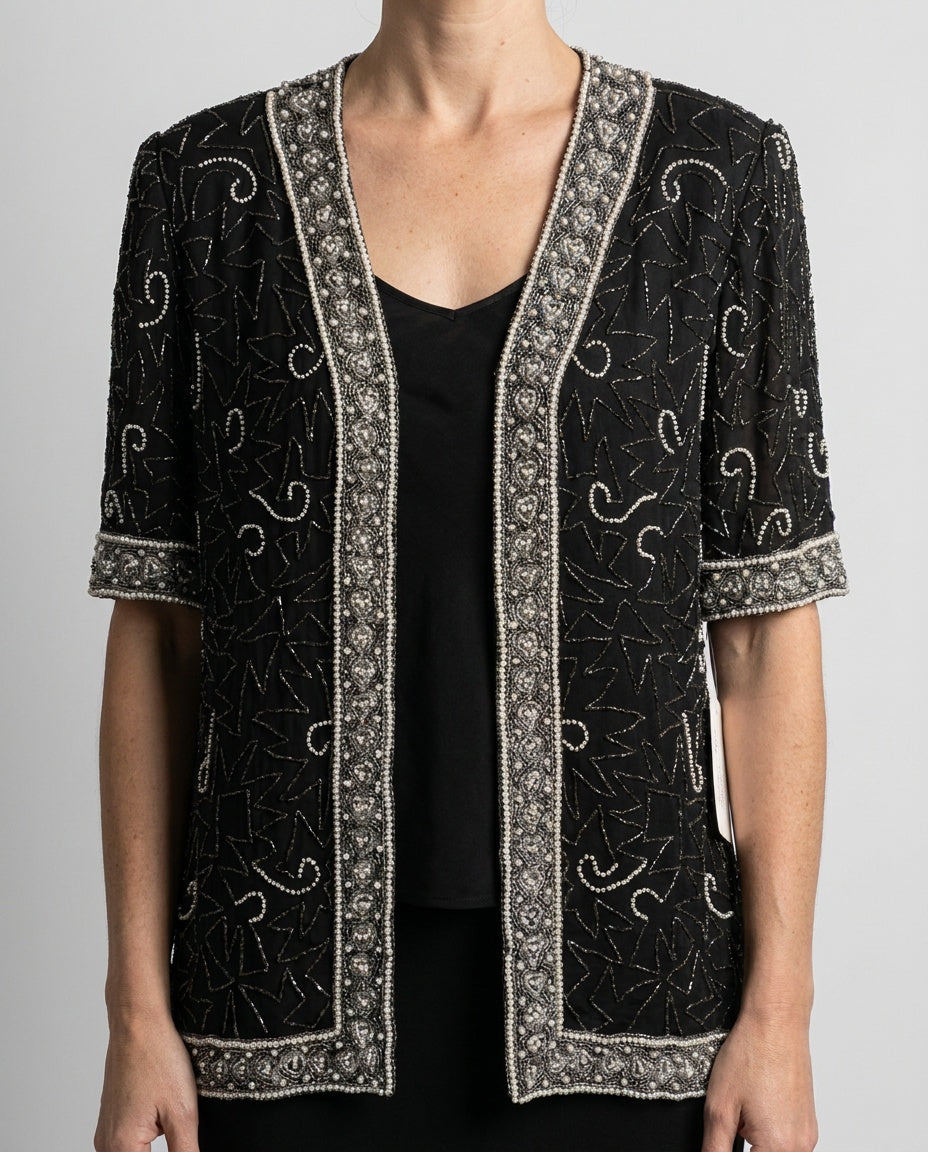 Laurence Kazar Beaded Silk Evening Top (1X) - Black, White, Silver - photo 4