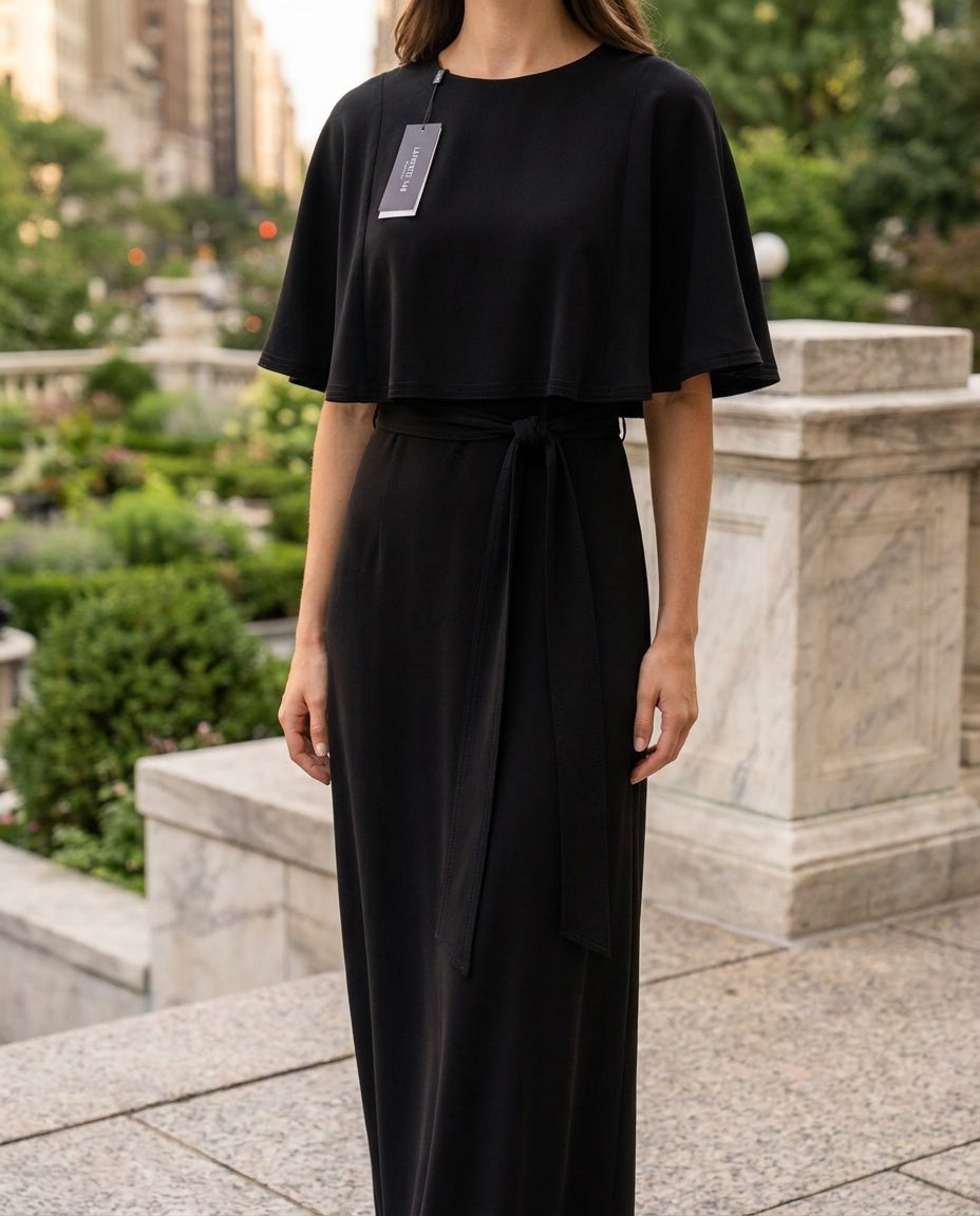 Lafayette 148 New York Black Belted Cape-Overlay Maxi Dress - photo 4