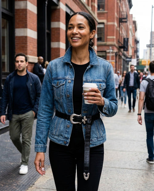Black Croc-Embossed Leather Belt with Ornate Silver Buckle - photo 2