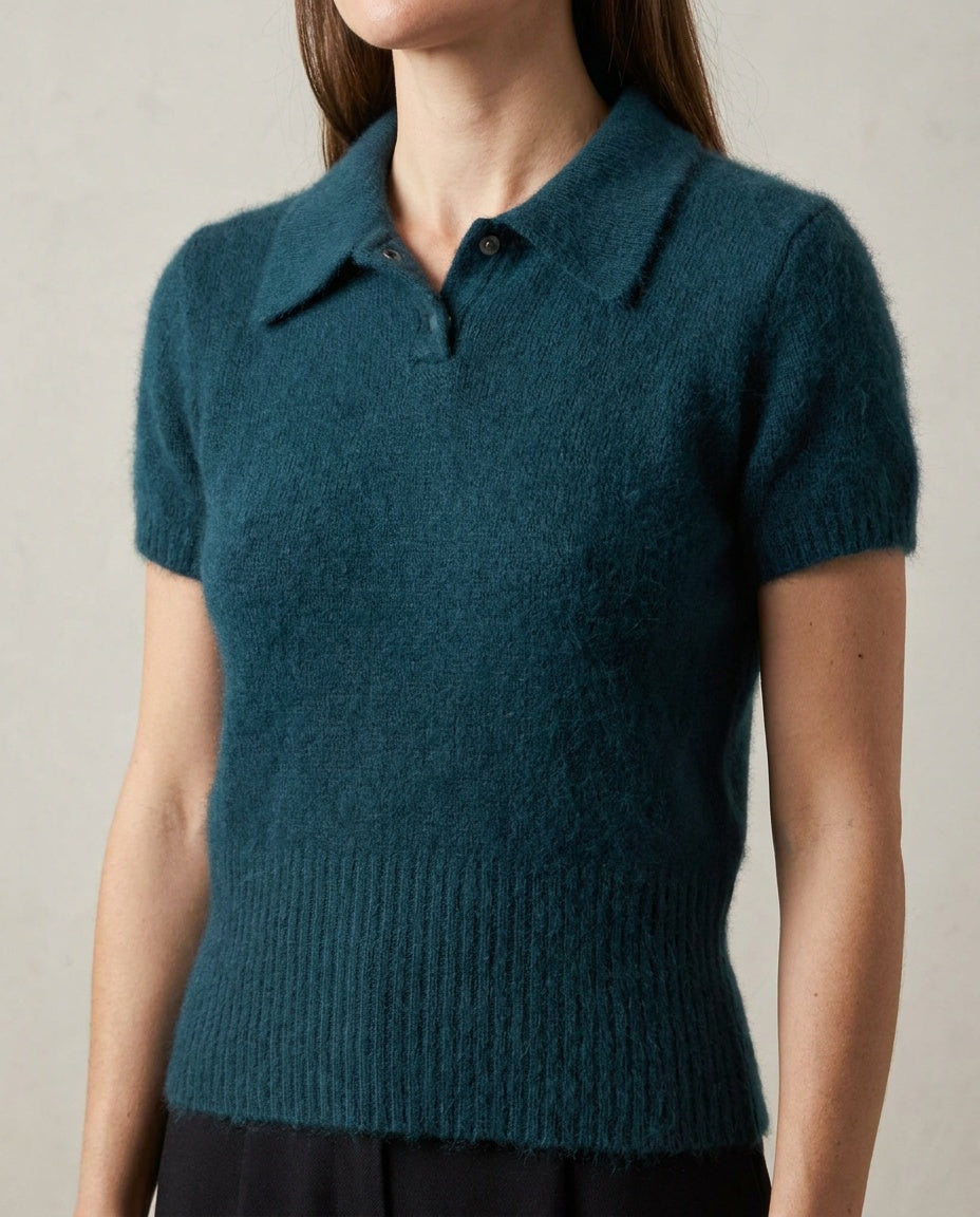 Limited London Paris New York Teal Short-Sleeve Angora Knit Polo Sweater - photo 4