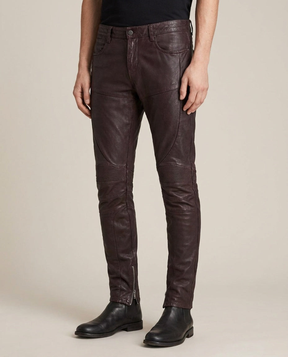 AllSaints Dark Burgundy Italian Leather Moto Trousers W26 - photo 4