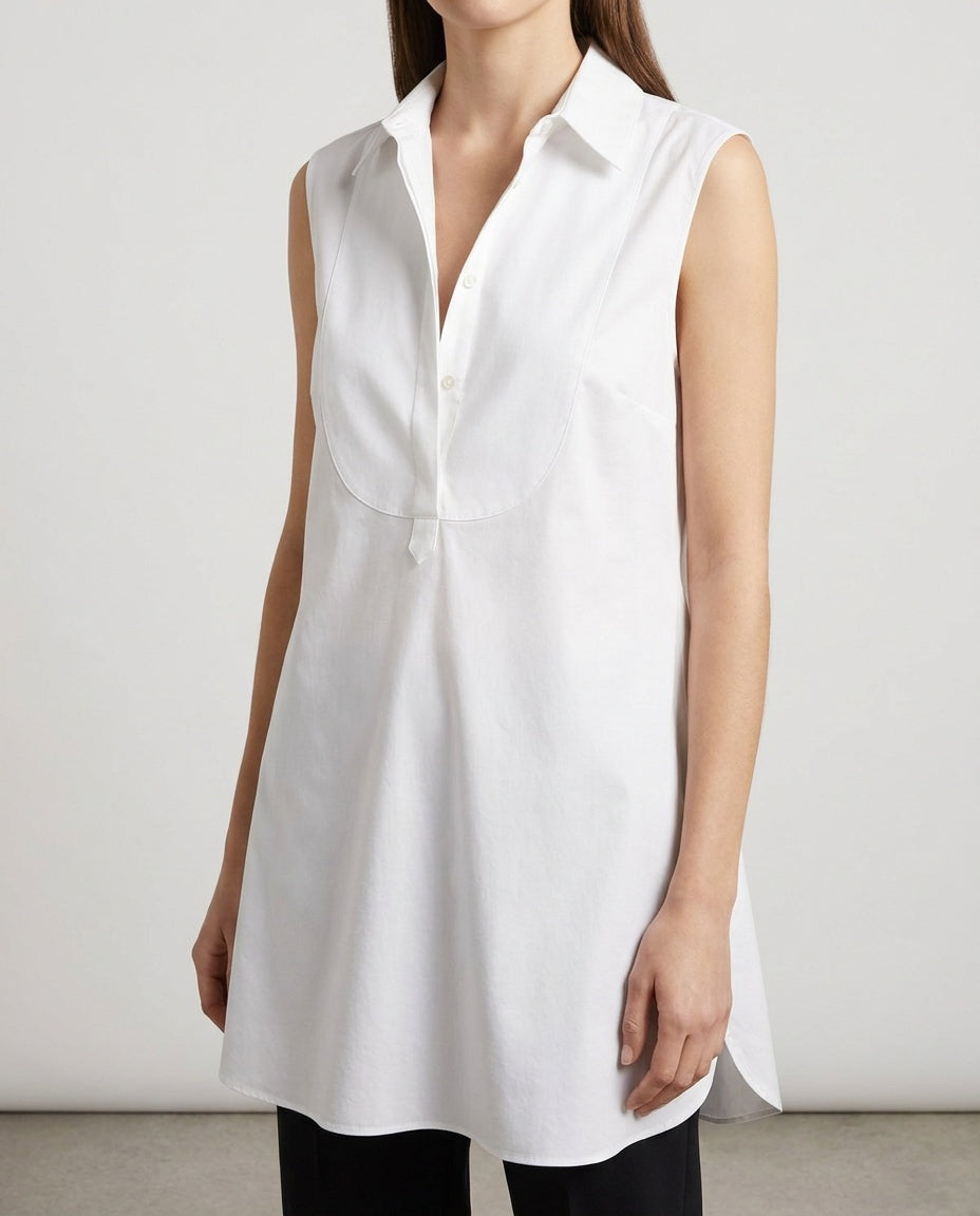 Theory White Sleeveless Collared Bib-Front Tunic Blouse in 72% Cotton/23% Nylon/5% Spandex - photo 4