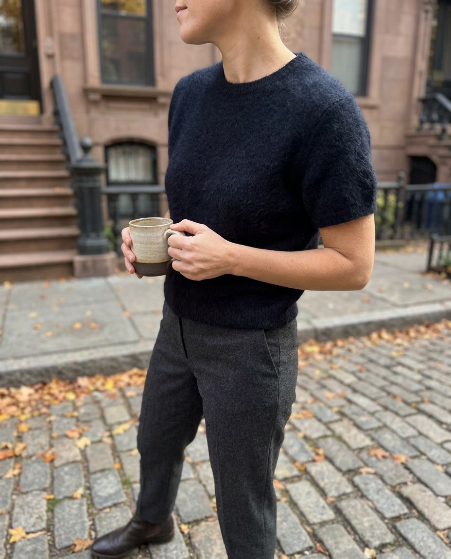 Ann Taylor Short-Sleeve Crewneck Knit Sweater in Dark Navy with Angora Blend - photo 4