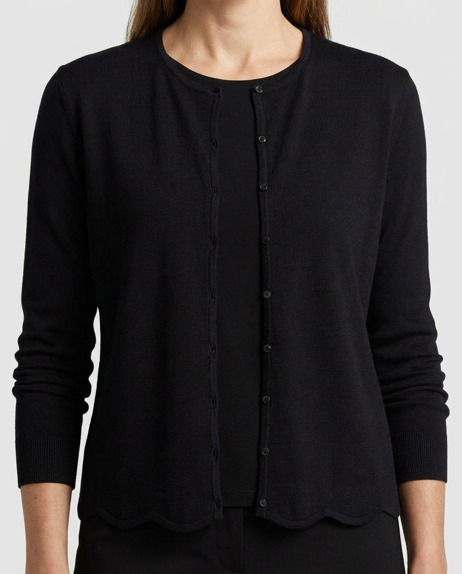 KATE HILL Black Fine Knit Cardigan with Scalloped Hem - photo 4