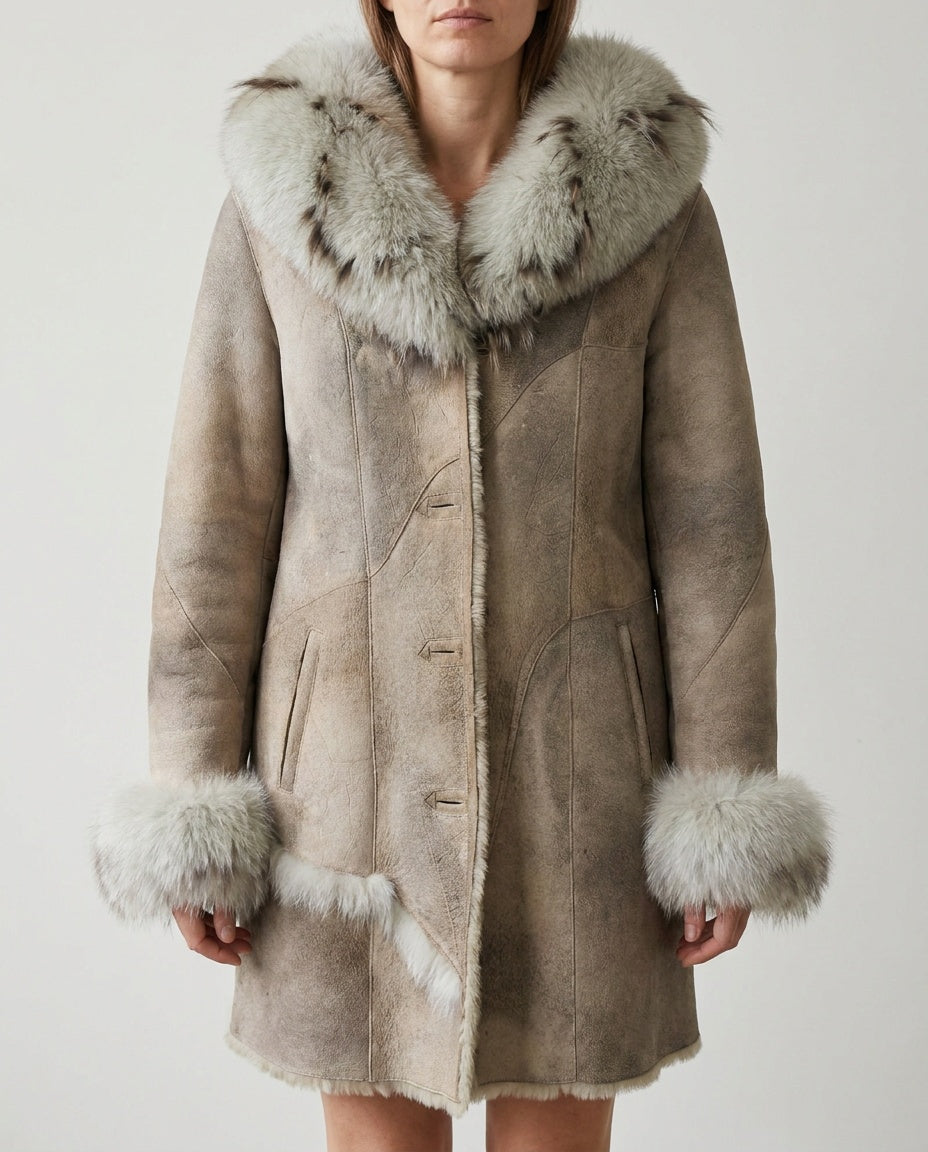 Mid-Century Shearling Coat with Suede Paneled Construction and Oversized Fur Trim - photo 3