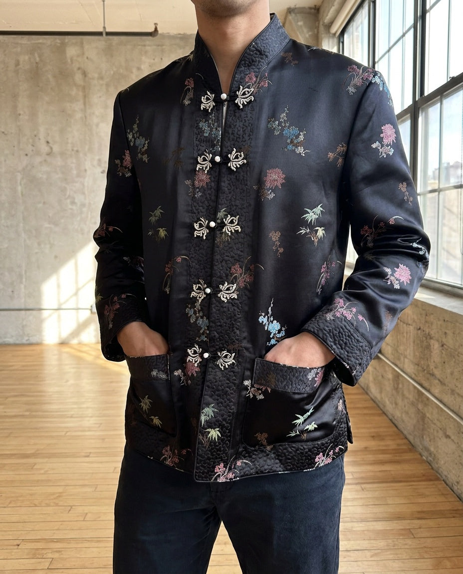 Chinese-Style Satin Jacket with Frog Closures and Allover Floral Print - photo 3