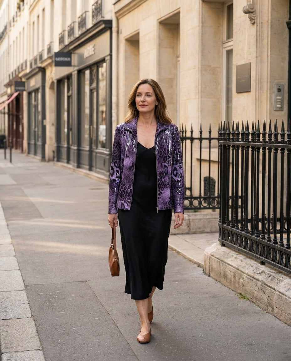 Exclusively Misook Purple/Black Leopard Print Zip-Front Long-Sleeve Jacket with Sequin Stripes - photo 4