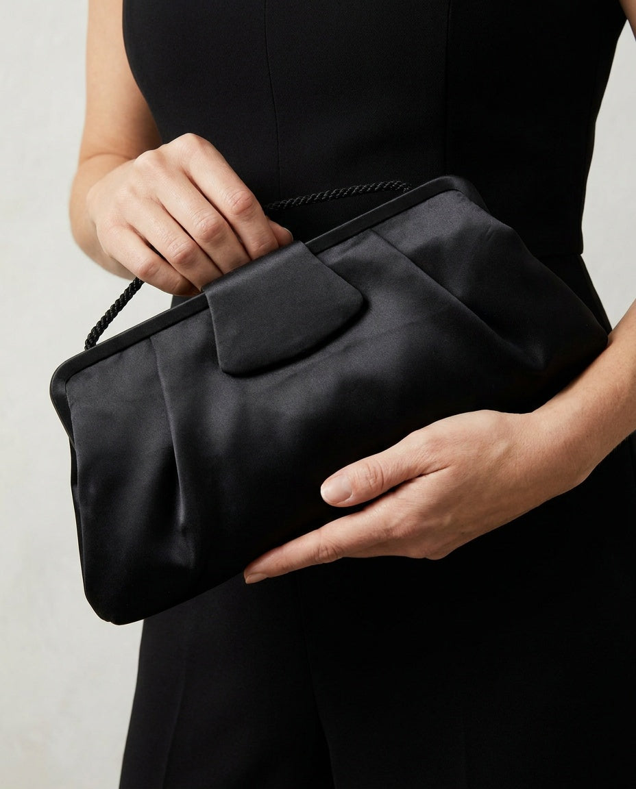 La Regaie Black Satin Evening Clutch with Rigid Frame and Braided Strap - photo 4