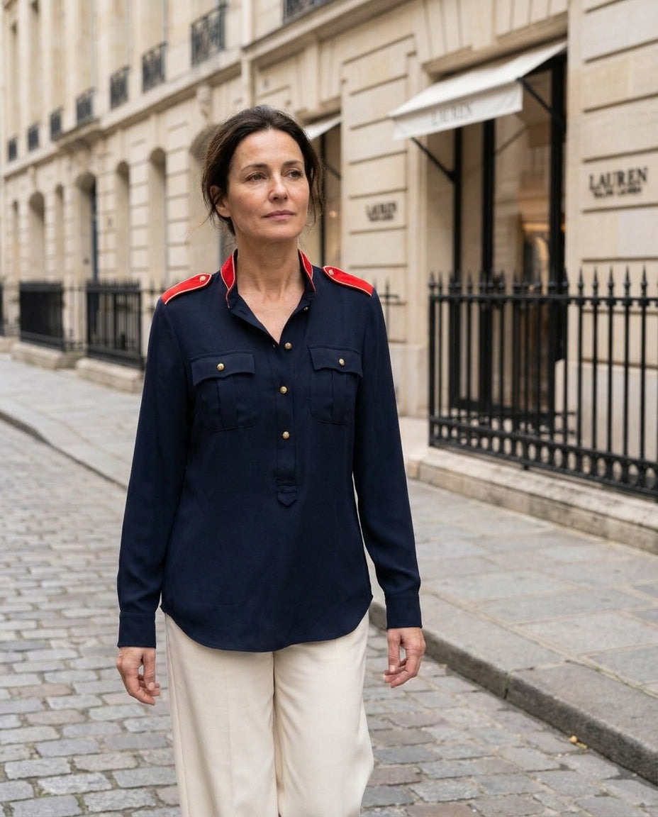 Lauren Ralph Lauren Navy Blue Military-Style Blouse with Red Epaulettes and Gold Trim - photo 4