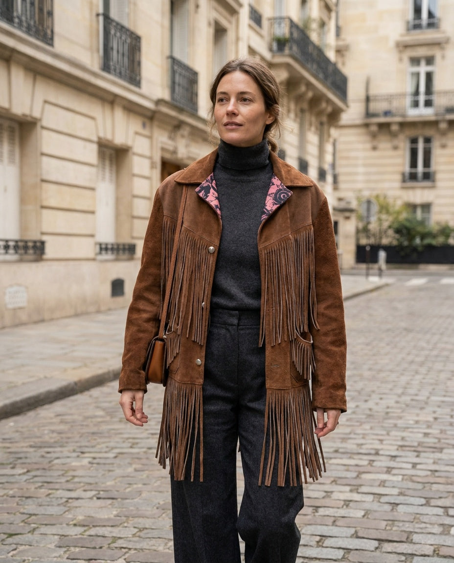 1970s Suede Fringe Jacket with Abstract Floral Lining - photo 4