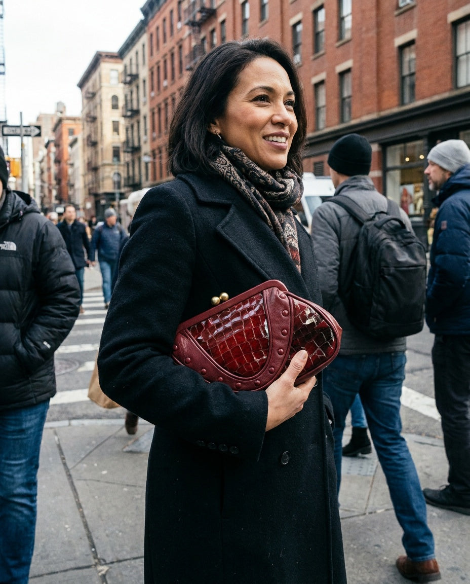 Isabella Fiore Structured Clutch Bag - Deep Burgundy Crocodile Embossed with Gold-Tone Hardware - photo 3