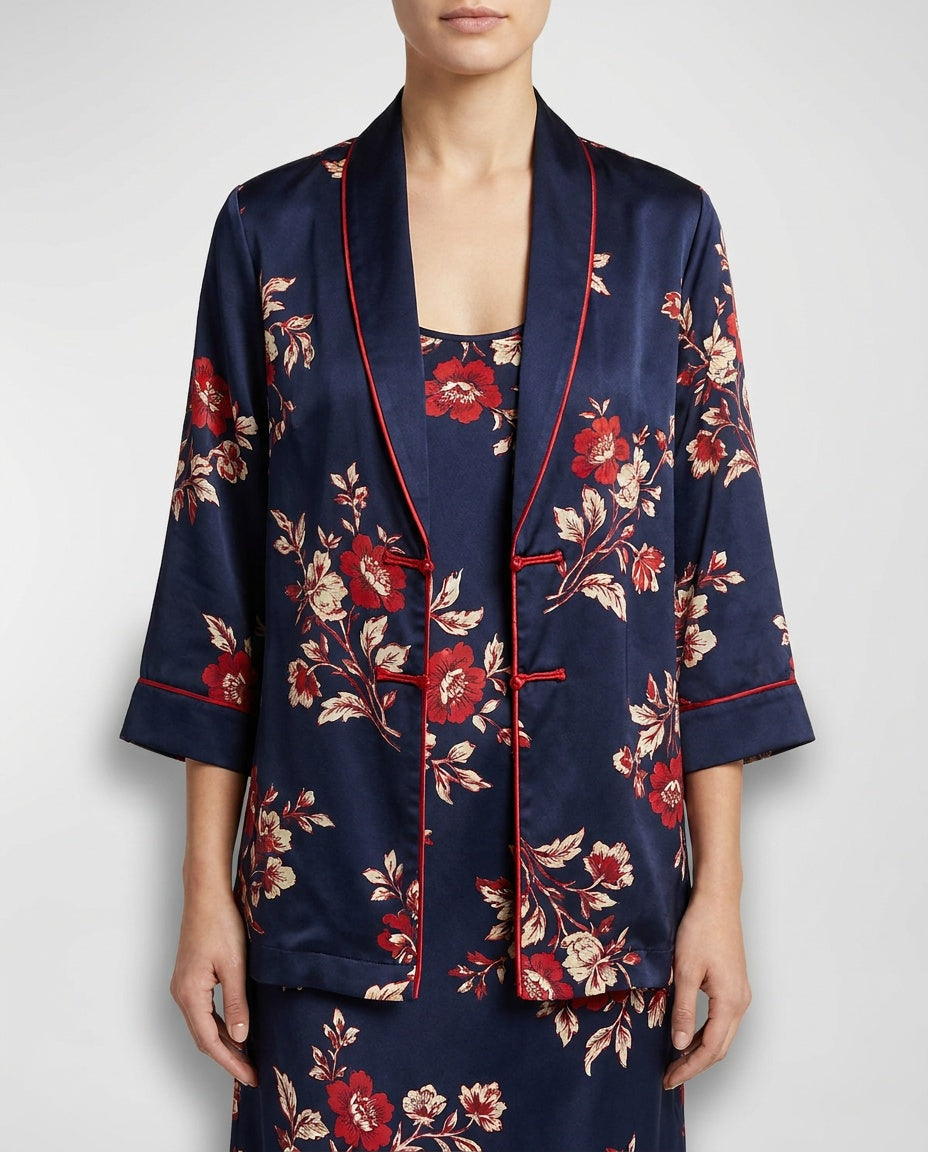 Robbie Bee Petite 100% Silk 2-Piece Jacket & Slip Set - Navy/Red Floral - photo 4