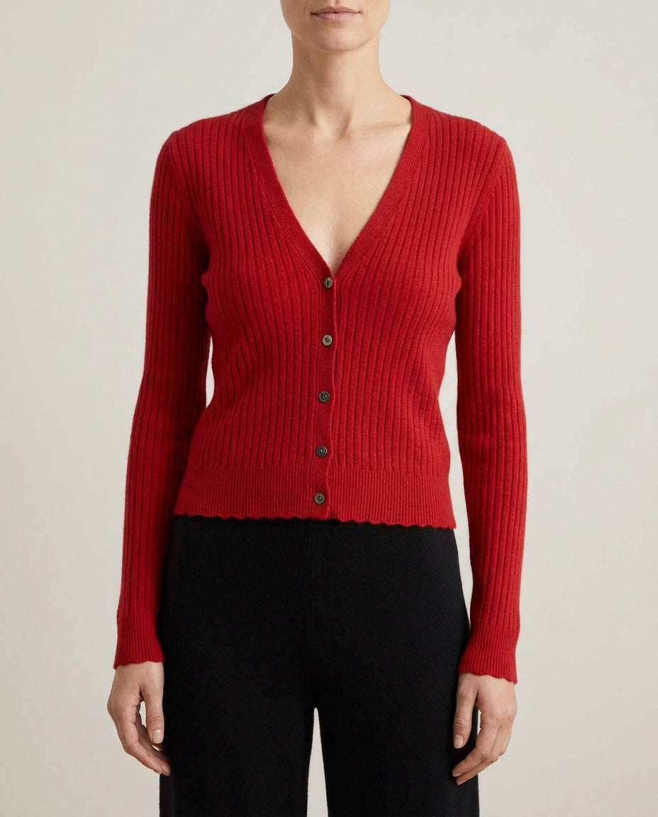 Solid Red Ribbed Cashmere Cardigan - photo 4