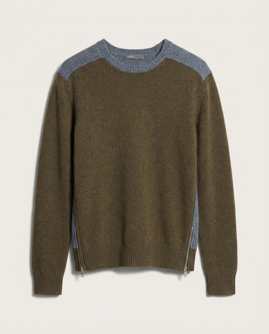 Vince Color-Block Crewneck Sweater in Olive-Brown & Heather Grey-Blue - photo 4