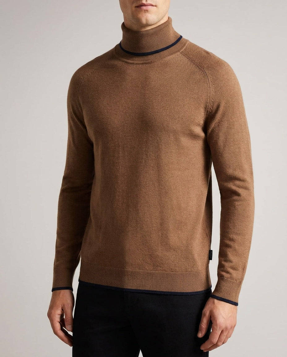 Ted Baker London Fine-Knit Turtleneck Sweater in Medium Brown with Navy Trim - photo 4