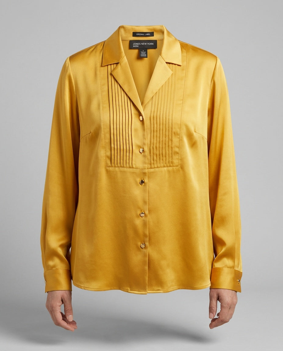 JONES NEW YORK Petite Golden Yellow Satin Blouse with Pintuck Bib - photo 4