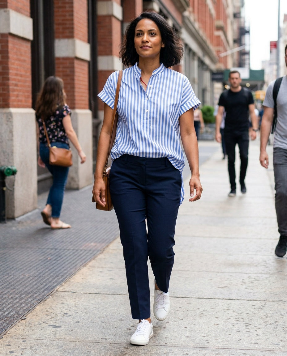 Blue and White Striped Ruffle Blouse with Mandarin Collar - photo 4