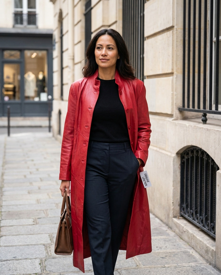 METROSTYLE Red Full-Length Leather Duster Coat with Red Polyester Lining - photo 4