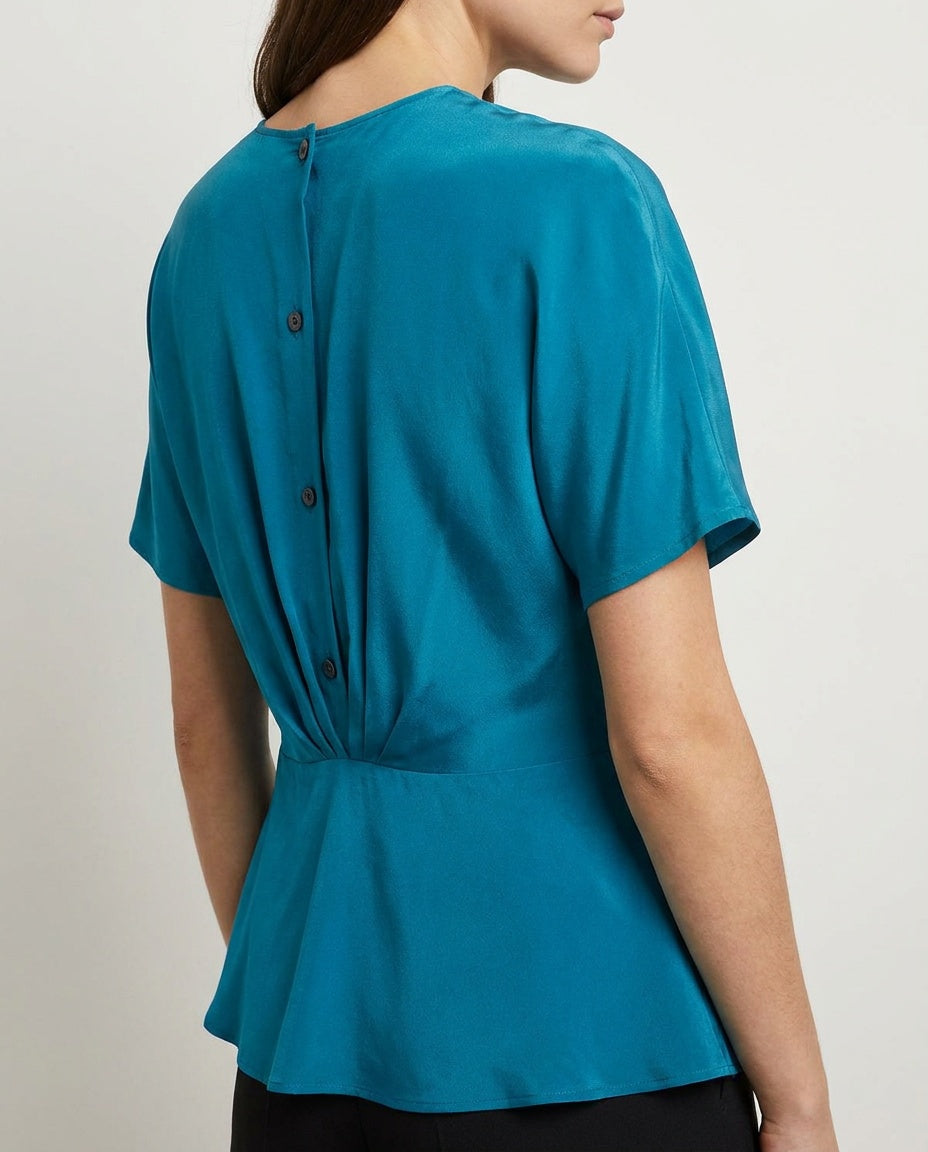 Soft Appeal Teal Silk Blouse with Back Button Closure and Peplum Waist - photo 4