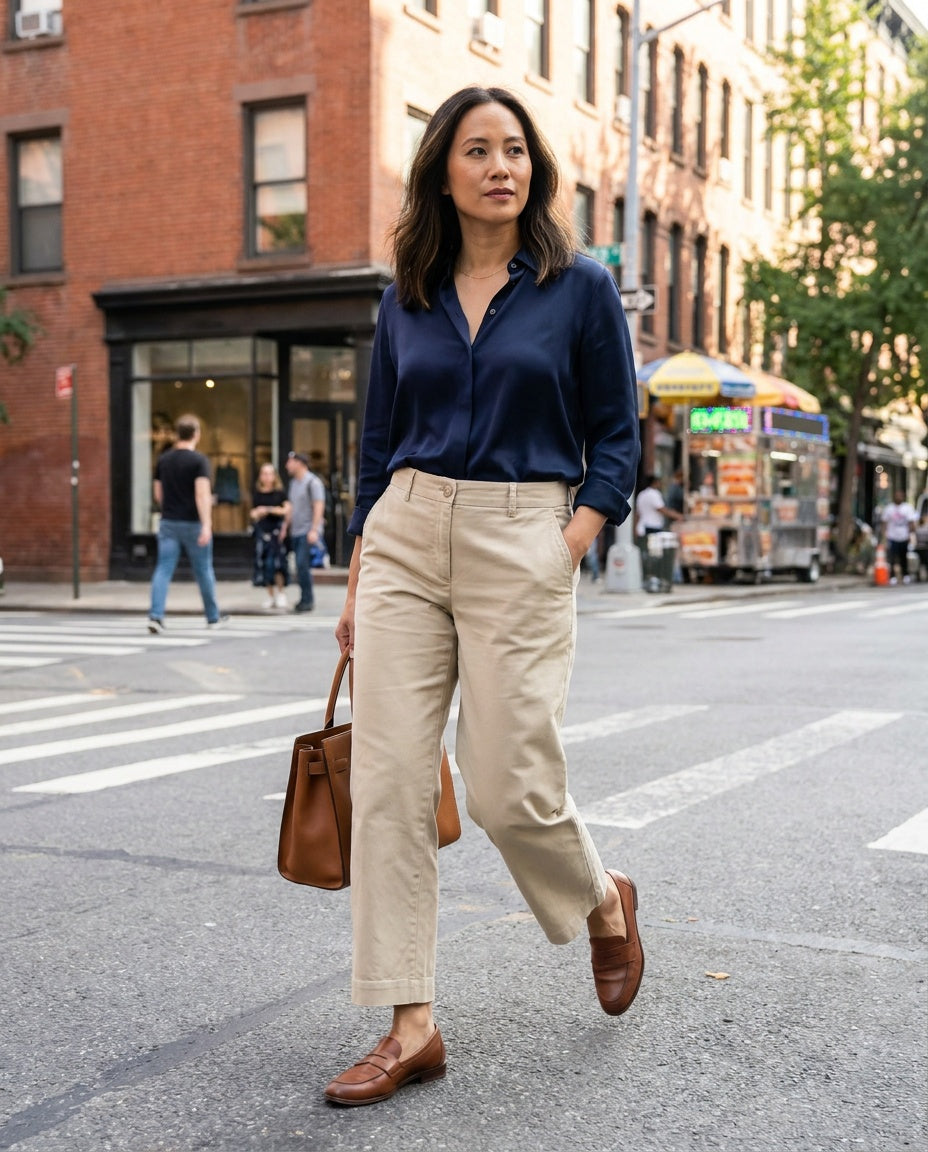 Aritzia Cropped Chino Trousers in Khaki with Blue Chambray Lining - photo 4
