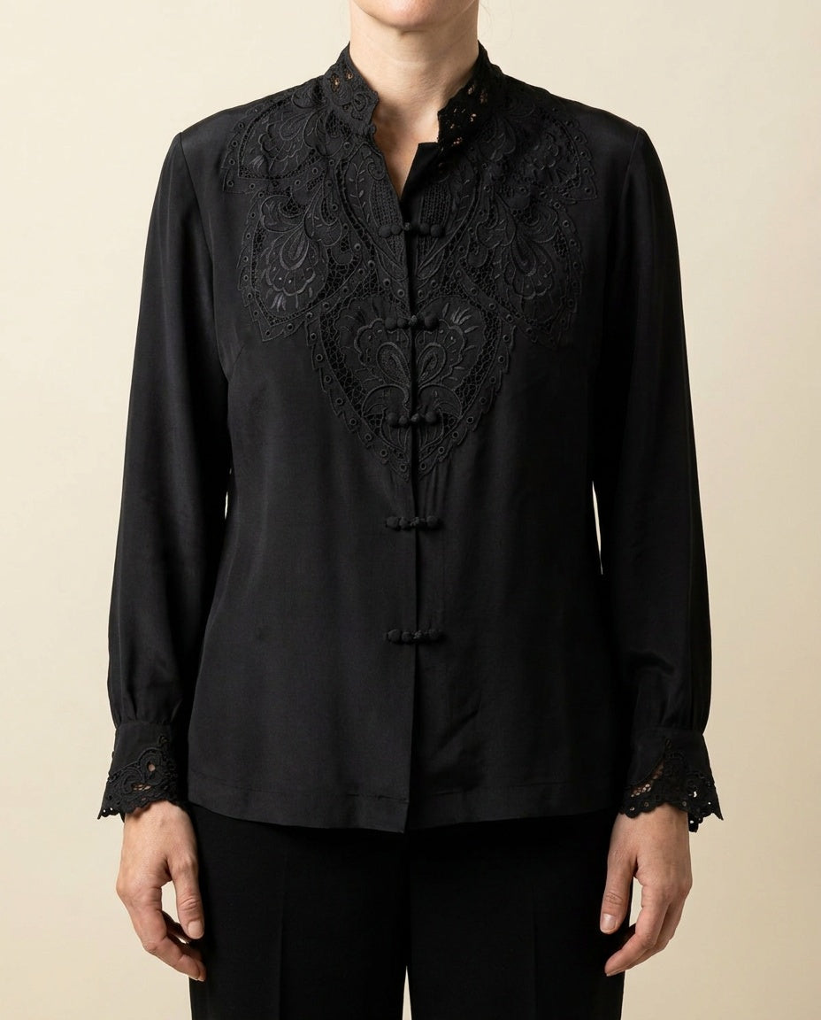 Black Silk Blouse with Cutwork Lace Collar and Frog Closures - Bloomingdale's y.e.s. - photo 4