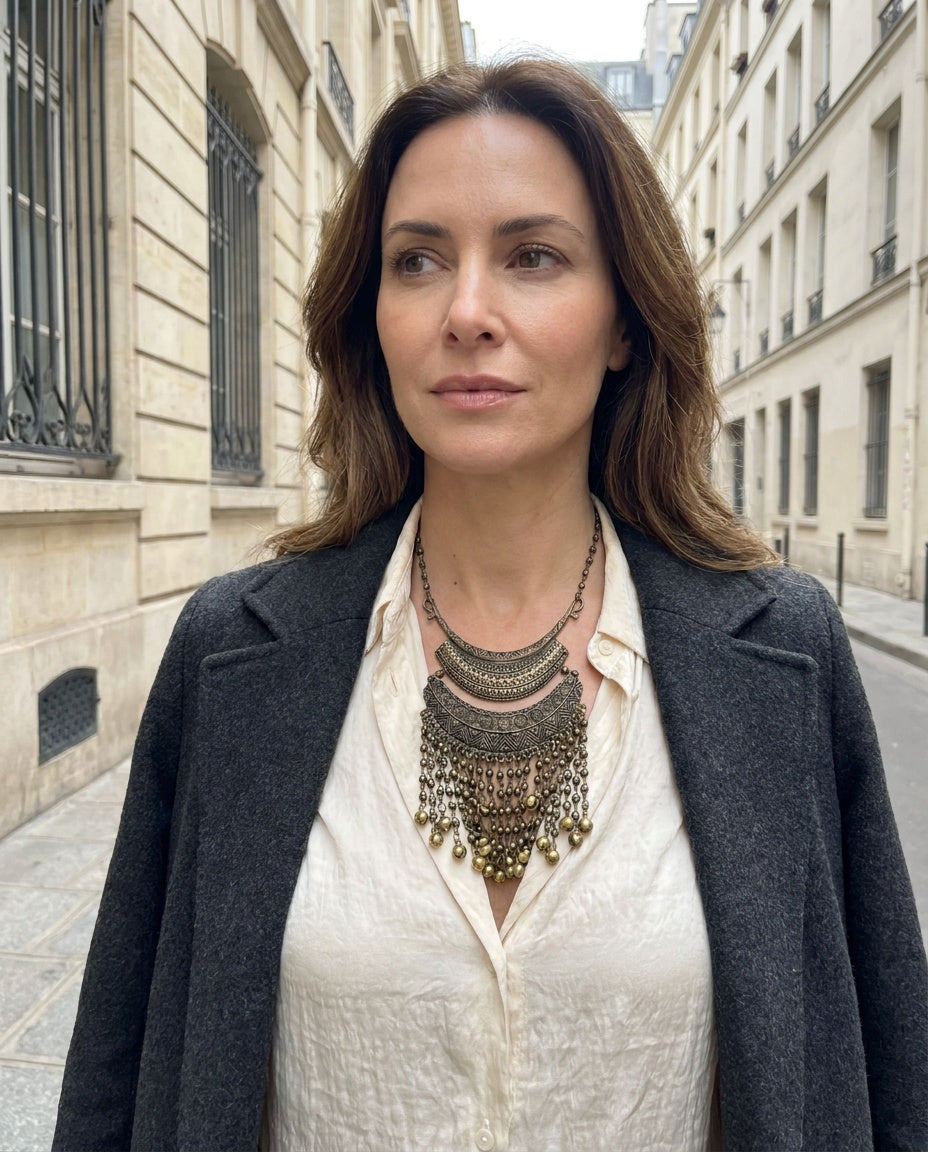 Tribal Style Bib Necklace with Crescent Tiers and Fringe Chains - photo 4