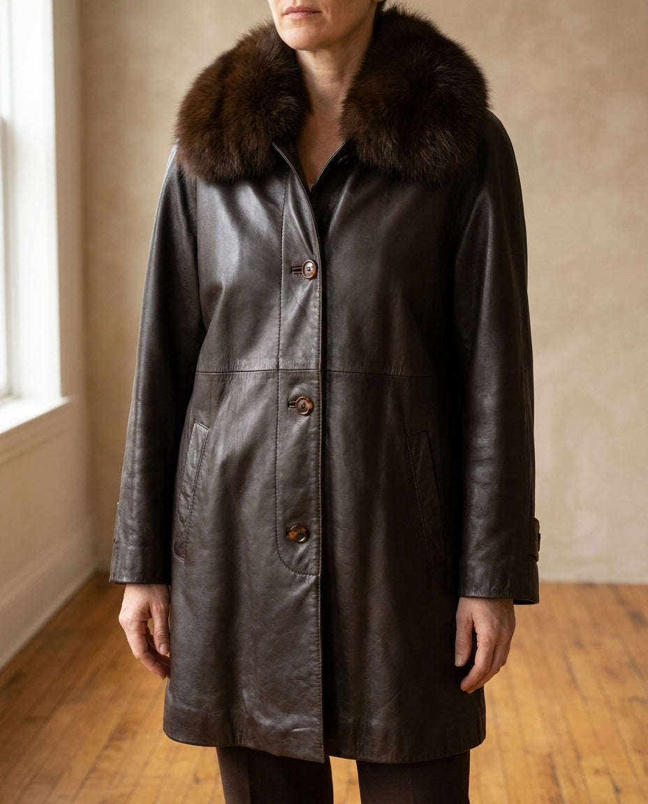 Damselle 1970s-1980s Dark Brown Leather Coat with Fur Collar - photo 4