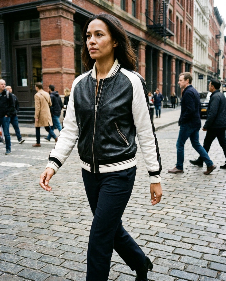 IRO FALIA Black and White Leather Bomber Jacket with Silk Sleeves - photo 4
