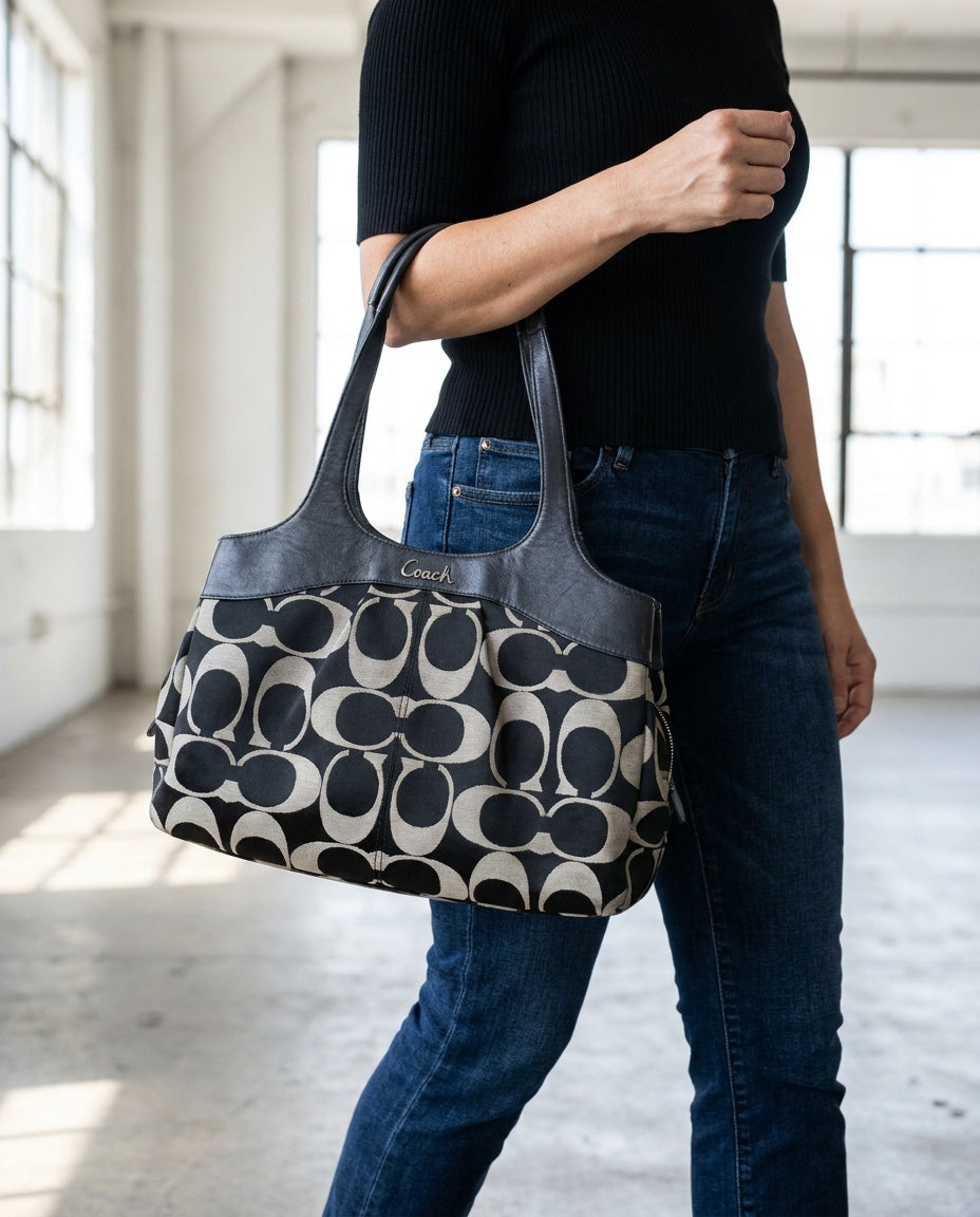 Coach Structured Tote Handbag in Black and White/Cream Jacquard - photo 4