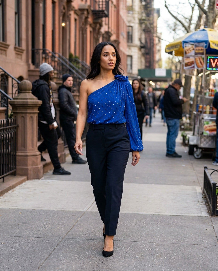 Robert Rodriguez One-Shoulder Studded Blouse with Built-In Camisole Lining, Cobalt Blue - photo 4