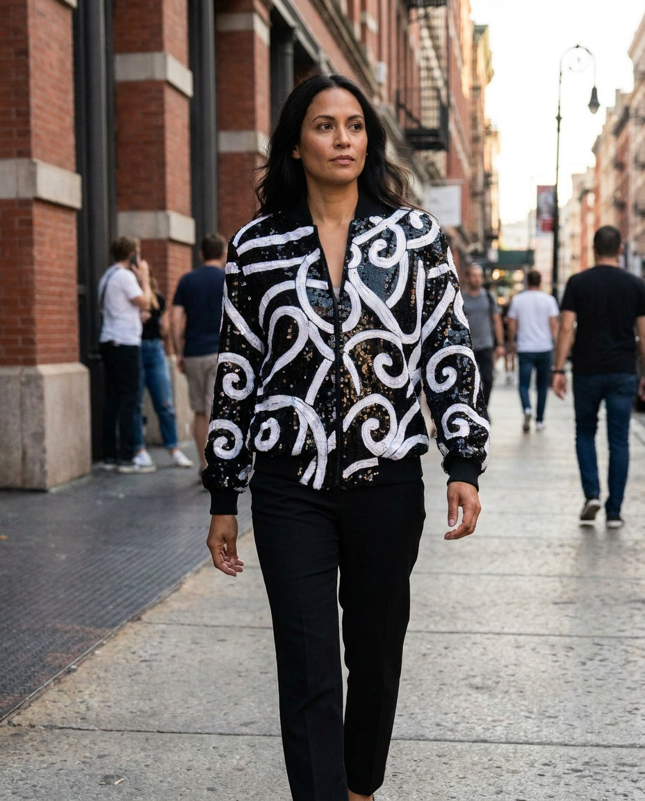Laurence Kazar 1980s Sequined Bomber Jacket with White Scrollwork Appliqué - photo 4