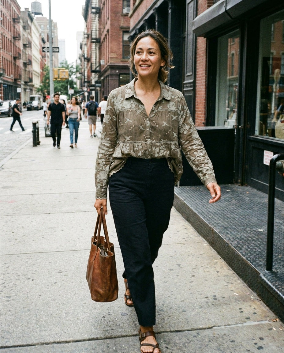 Johnny Was Tiered Embroidered Button-Forward Blouse in Olive/Khaki with Cream Embroidery - photo 4