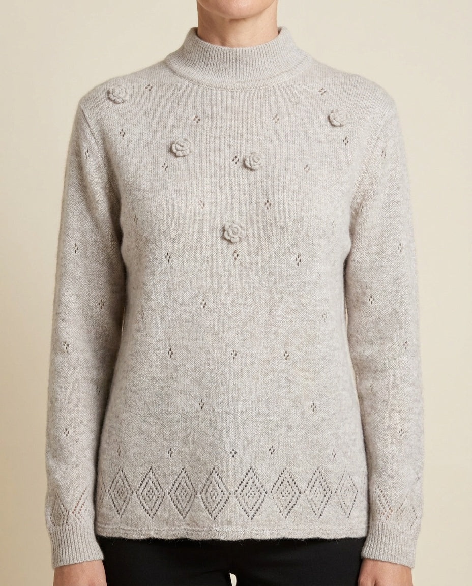 Hauber Sporting Light Heather Grey Mock-Neck Pullover Sweater with Knit Appliqués and Openwork Hem - photo 4
